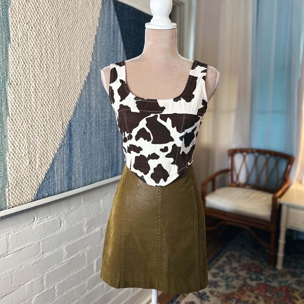 Free People Dark Olive Green Suede Finish Mini Skirt